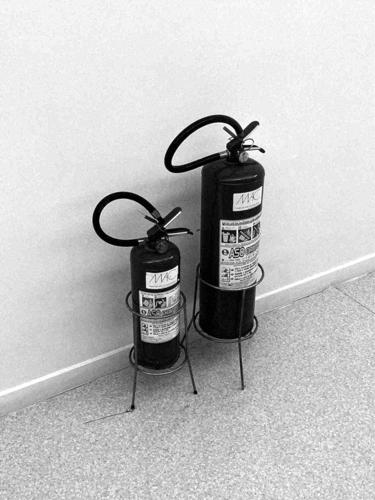 a crunchy black and white photo of two fire extinguishers