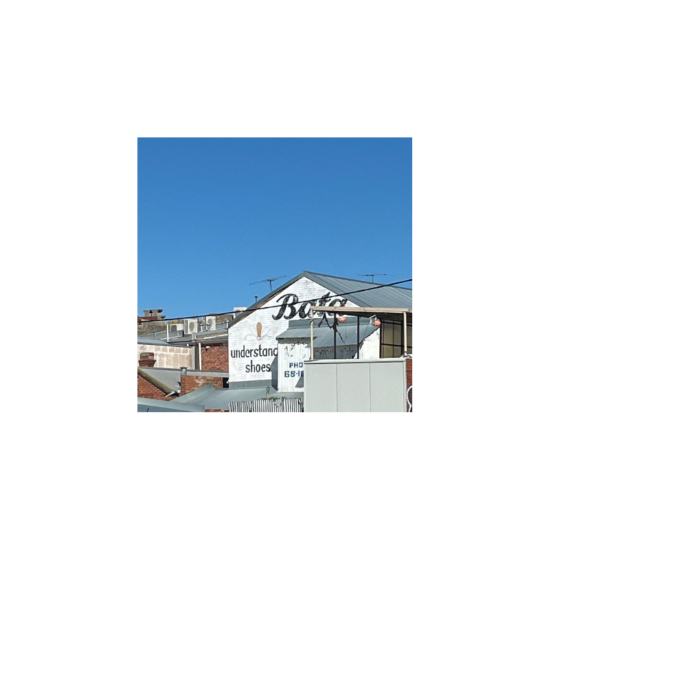 the backs of a few brick buildings and a blue sky. One building features the text 